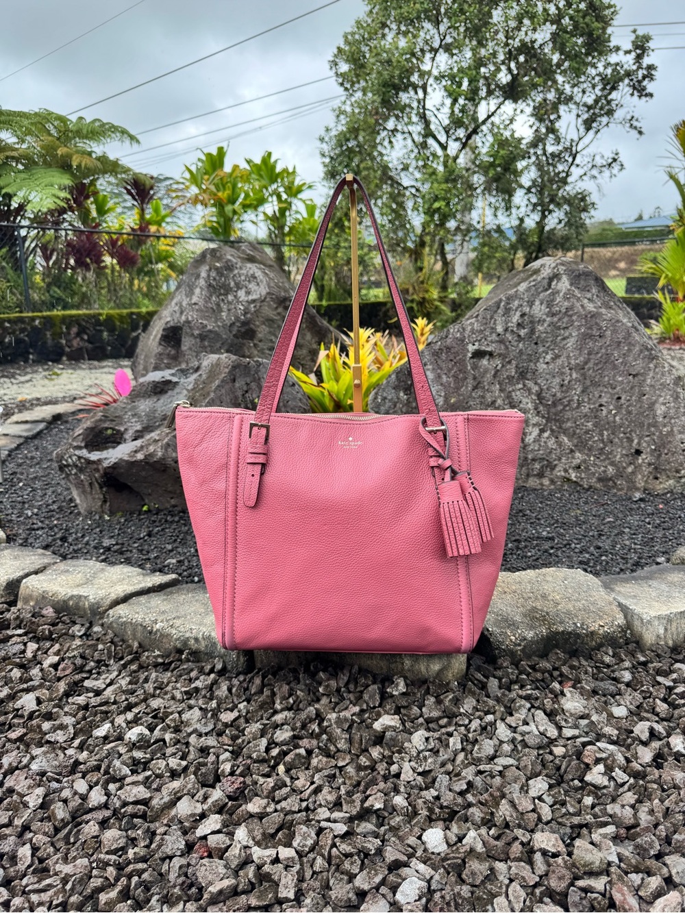 Kate Spade New York Pink Pebbled Leather Tote Bag Tassel Charm